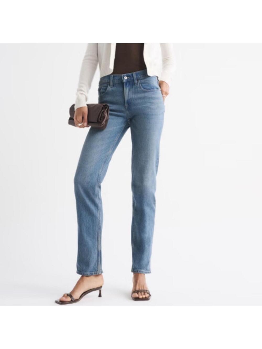 Abercrombie & Fitch The 90s Straight Mid Rise Medium Wash Raw Hem